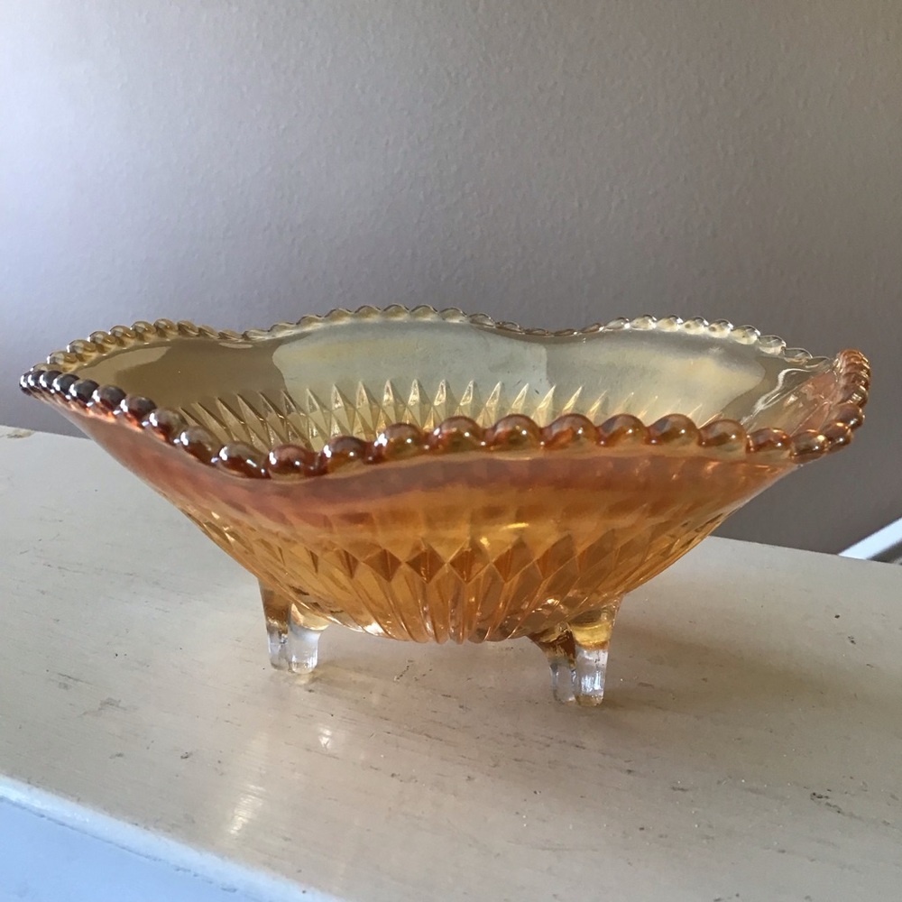 Vintage Jeanette Carnival Glass Peach Luster Candy Bowl